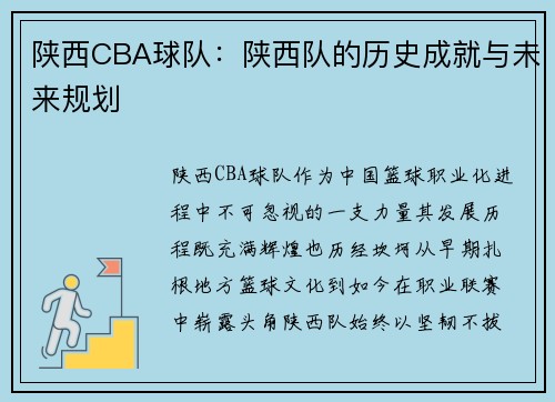 陕西CBA球队：陕西队的历史成就与未来规划